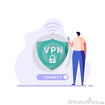 Man using VPN for computer or smartphone. User protecting personal data with VPN service. Concept of virtual private network, Ñ Cartoon Illustration